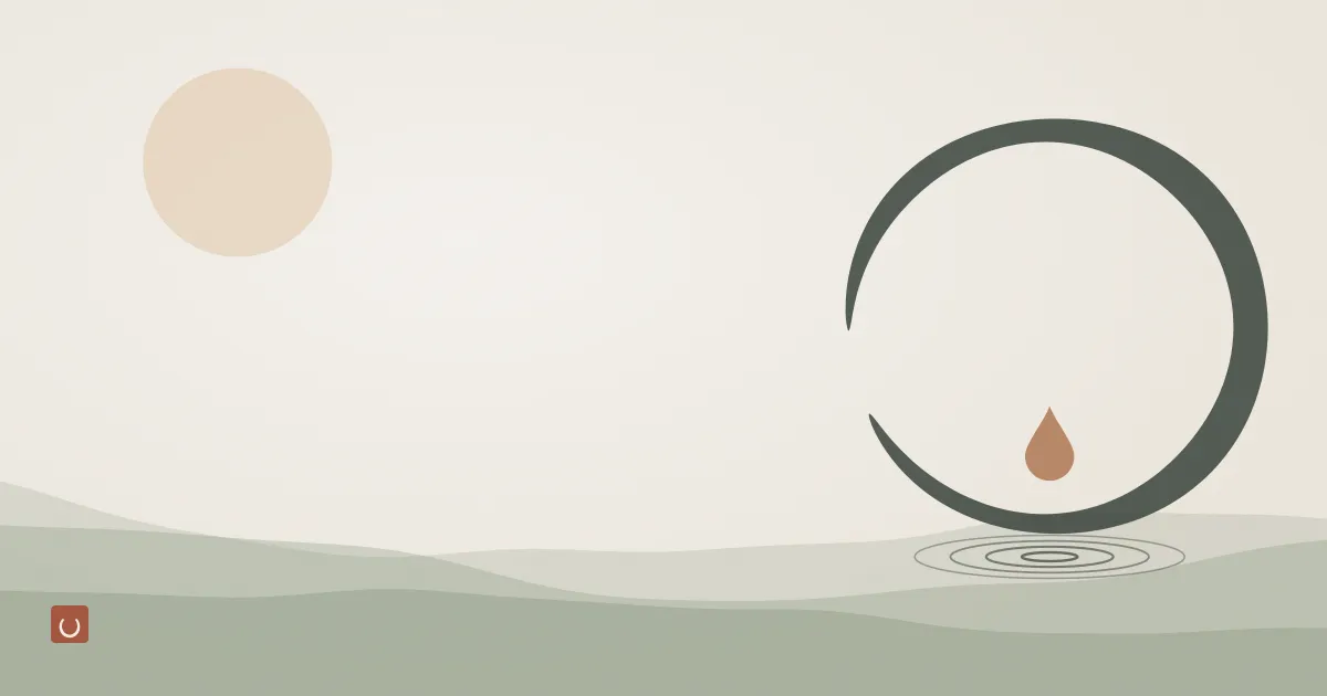 Abstract ink illustration of a smooth ring of glassy beads drifting into a wide horizon, representing cyclic silicones in the environment