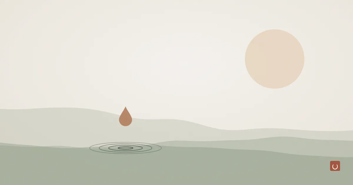 Abstract ink wash illustration of a faint scent trail curling from a bottle and drifting over water, representing synthetic musks and bioaccumulation